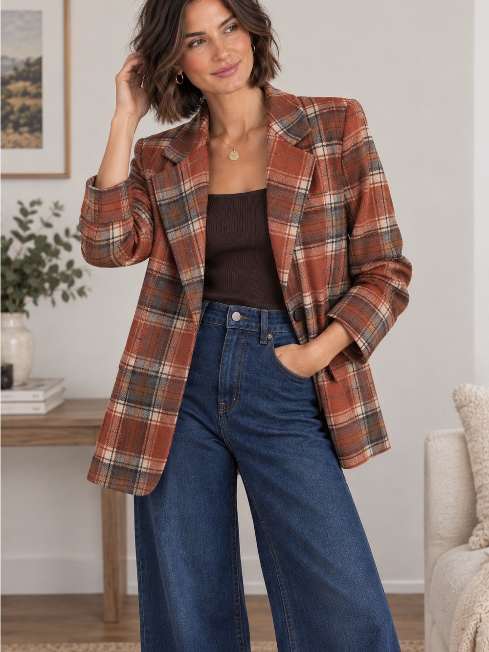 SHEIN Rust Plaid Notch Lapel Blazer